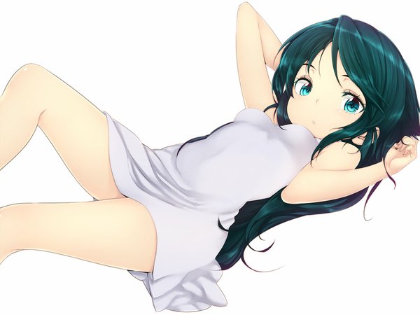 Anime picture 1041x781 with saya no uta nitroplus saya (saya no uta) zizi (zz22) single long hair looking at viewer open mouth simple background white background bare shoulders lying aqua eyes aqua hair girl dress white dress