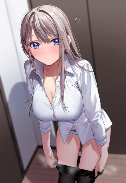 Anime picture 675x981 with shino to ren saotome shino (chigusa minori) chigusa minori single long hair tall image looking at viewer blush fringe breasts light erotic hair between eyes large breasts standing purple eyes cleavage silver hair indoors long sleeves leaning