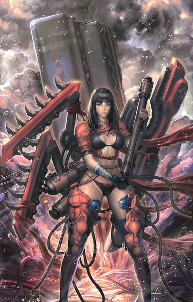 Anime picture 769x1200 with kilart (artist) single long hair tall image blue eyes black hair mecha musume mechanical parts storm girl gloves ribbon (ribbons) weapon armor