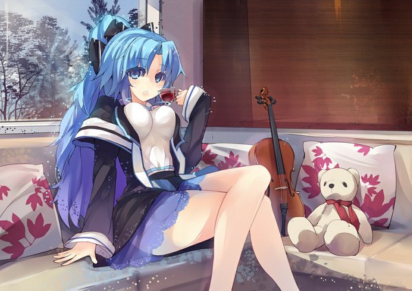 Anime picture 1052x744 with original rain lan single long hair looking at viewer blue eyes sitting blue hair ponytail crossed legs girl dress pillow toy stuffed animal cup teddy bear violin