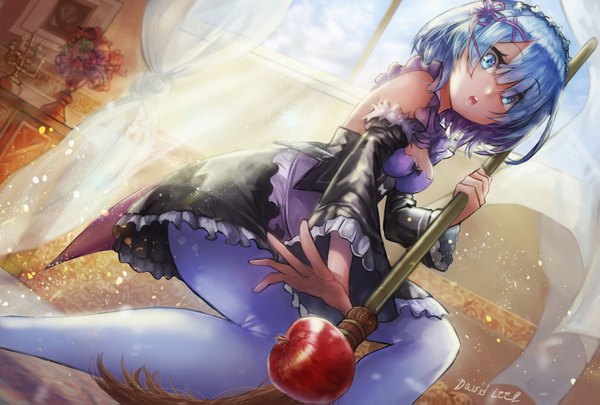 Anime picture 1465x991 with re:zero kara hajimeru isekai seikatsu white fox rem (re:zero) david lee single fringe short hair open mouth blue eyes holding signed blue hair sky cloud (clouds) hair over one eye wide sleeves maid leaning dutch angle outstretched hand