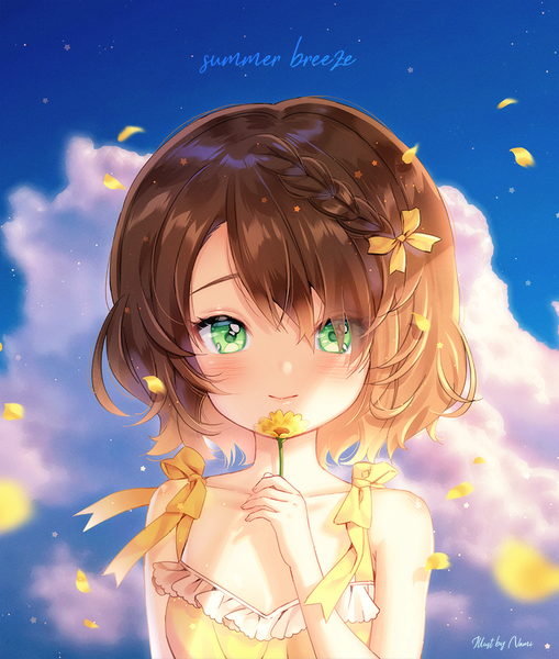 Anime picture 848x1000 with original nami (nyaa) single tall image looking at viewer blush fringe short hair smile bare shoulders holding green eyes signed sky cloud (clouds) upper body outdoors braid (braids) blurry hair over one eye