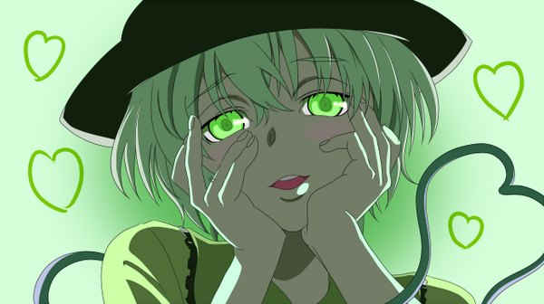 Anime picture 1280x718 with mirai nikki touhou komeiji koishi blush short hair open mouth wide image green eyes green hair yandere trance gasai yuno (cosplay) girl hat