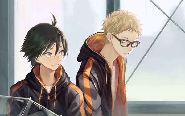 Anime picture 1500x942 with haikyuu!! production i.g tsukishima kei yamaguchi tadashi saharan fringe short hair black hair blonde hair hair between eyes brown eyes ahoge black eyes open jacket multiple boys freckles transparent umbrella boy glasses jacket