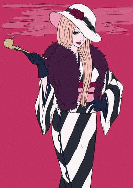 Anime picture 1448x2048 with one piece toei animation hina (one piece) sherumaru (korcht06) single long hair tall image looking at viewer simple background standing holding pink hair traditional clothes japanese clothes lips black eyes wide sleeves fur trim hand on hip lipstick