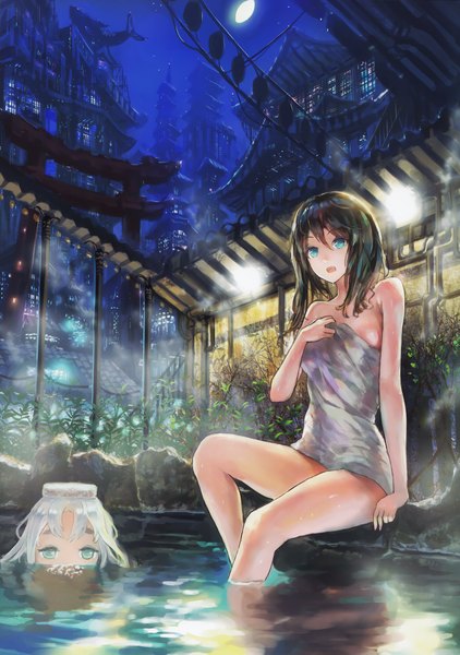 Anime picture 2469x3513 with original denki long hair tall image looking at viewer highres open mouth blue eyes light erotic black hair sitting multiple girls white hair scan night naked towel girl 2 girls plant (plants) moon