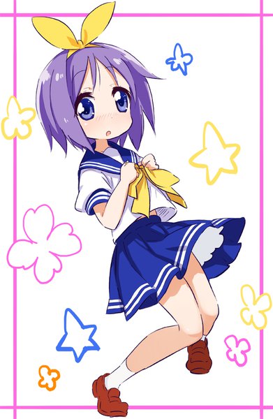 Anime picture 620x950 with lucky star kyoto animation hiiragi tsukasa abe kanari single tall image blush short hair white background purple eyes looking away purple hair full body bent knee (knees) framed girl uniform bow hair bow serafuku