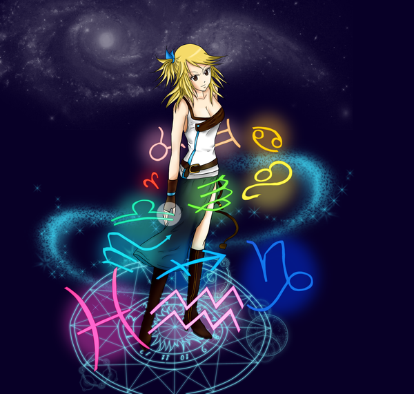 Anime picture 2760x2628 with fairy tail lucy heartfilia single long hair highres blonde hair brown eyes one side up magic space girl magic circle galaxy