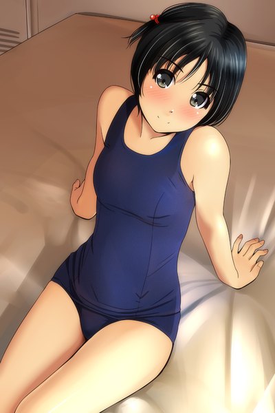 Anime picture 800x1200 with original matsunaga kouyou single tall image looking at viewer blush fringe short hair light erotic black hair smile hair between eyes sitting bare shoulders black eyes arm support girl swimsuit one-piece swimsuit school swimsuit