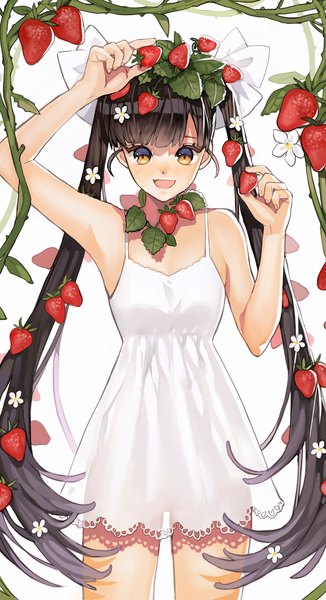Anime picture 830x1528 with original arutera single long hair tall image looking at viewer blush open mouth black hair twintails brown eyes girl dress flower (flowers) ribbon (ribbons) hair ribbon food white dress leaf (leaves) sundress