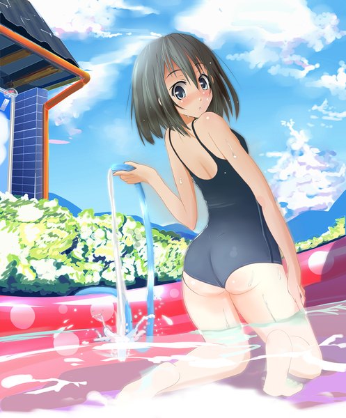 Anime picture 1492x1800 with original iwanishi tall image blush short hair blue eyes light erotic black hair ass looking back wet girl swimsuit water pool hose wading pool