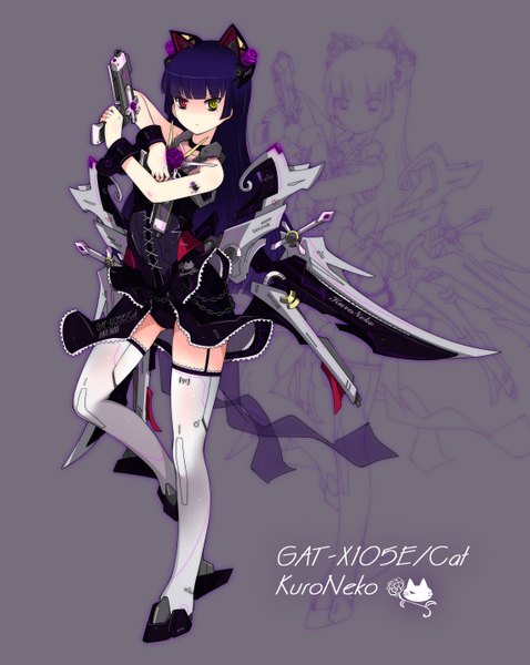 Anime picture 2280x2862 with ore no imouto ga konna ni kawaii wake ga nai gokou ruri single long hair tall image looking at viewer highres bare shoulders animal ears purple hair heterochromia mechanical girl thighhighs dress weapon white thighhighs gun