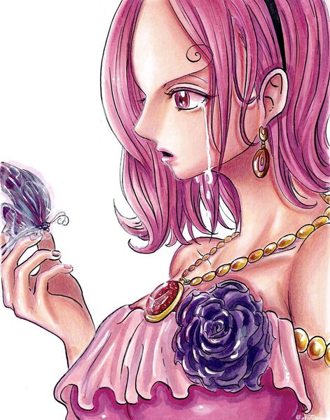 Anime picture 929x1184 with one piece toei animation vinsmoke reiju stt0tr single tall image short hair open mouth simple background white background bare shoulders pink hair upper body nail polish profile pink eyes lipstick tears eyebrows crying