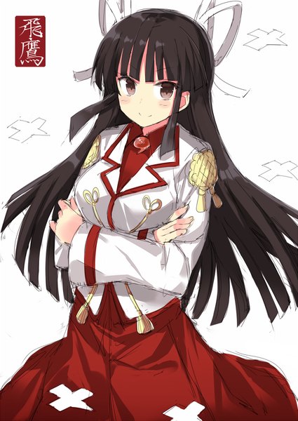 Anime picture 708x1000 with kantai collection hiyou light aircraft carrier kuhotaka single long hair tall image looking at viewer blush fringe black hair simple background smile white background brown eyes character names crossed arms girl ribbon (ribbons) hair ribbon