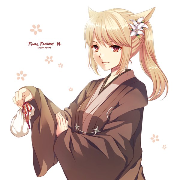 Anime picture 1600x1600 with final fantasy final fantasy xiv square enix miqo'te ayamisiro single long hair blonde hair red eyes white background animal ears payot looking away upper body ponytail traditional clothes japanese clothes hair flower copyright name girl