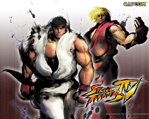 Anime picture 1280x1024 with street fighter capcom ryu (street fighter) ken masters short hair black hair blonde hair smile bare shoulders signed japanese clothes inscription muscle boy gloves hachimaki
