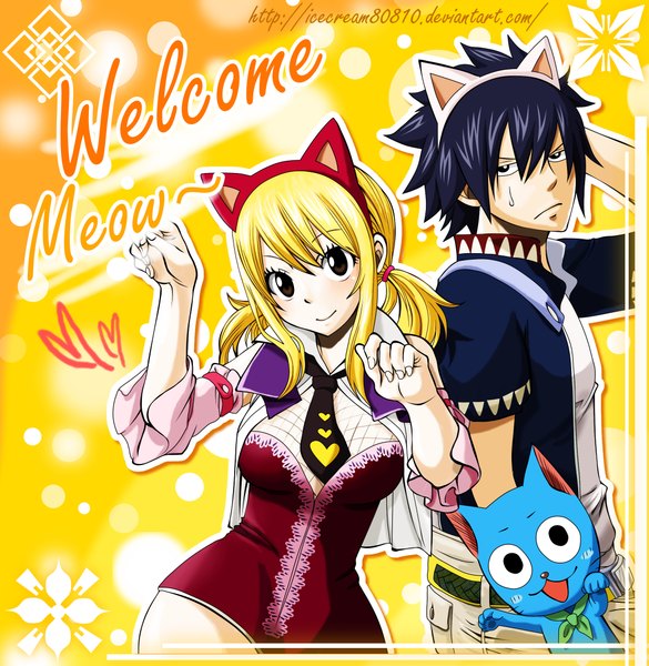 Anime picture 2106x2161 with fairy tail lucy heartfilia gray fullbuster happy (fairy tail) icecream80810 long hair tall image highres short hair open mouth black hair blonde hair smile twintails brown eyes animal ears black eyes cat ears inscription sweat