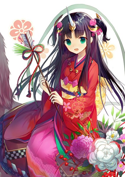 Anime picture 723x1023 with original hayama eishi single long hair tall image open mouth black hair sitting green eyes traditional clothes japanese clothes horn (horns) two side up floral print girl hair ornament flower (flowers) animal obi yukata