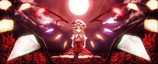 Anime picture 2012x819 with touhou flandre scarlet paseri single highres short hair blonde hair smile red eyes wide image cloud (clouds) girl dress bow hat wings rose (roses) moon