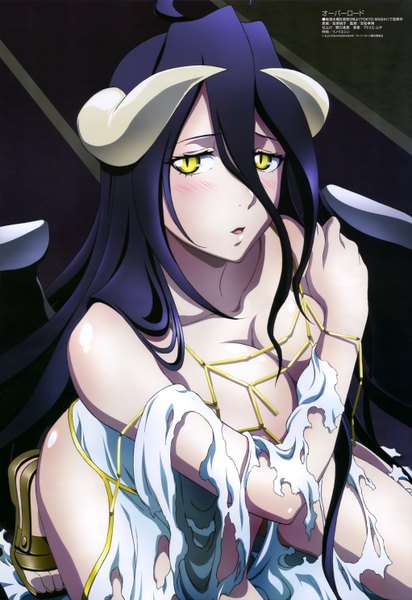 Anime picture 4086x5940 with overlord (maruyama) madhouse megami magazine albedo (overlord) long hair tall image blush highres open mouth light erotic black hair yellow eyes absurdres horn (horns) official art torn clothes girl dress wings