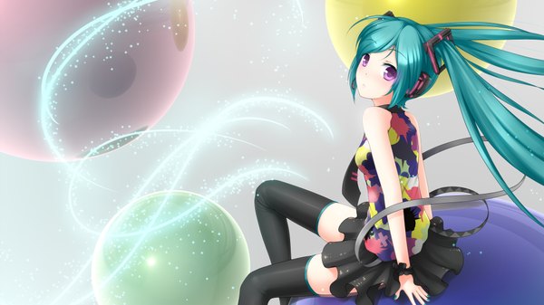 Anime picture 1920x1080 with vocaloid tell your world (vocaloid) hatsune miku ricegnat single looking at viewer highres wide image twintails very long hair pink eyes looking back aqua hair wallpaper sleeveless alternate eye color girl thighhighs skirt black thighhighs