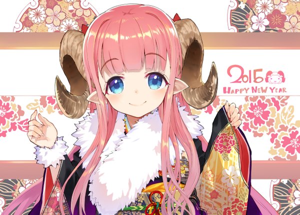 Anime picture 1227x881 with original shirabi single long hair looking at viewer blush blue eyes smile pink hair traditional clothes japanese clothes horn (horns) pointy ears fur trim new year happy new year 2015 sheep girl sheep ears girl