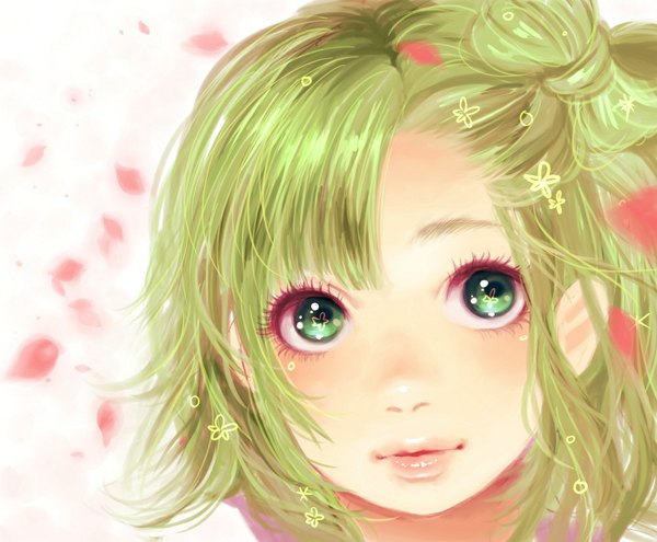 Anime picture 1000x825 with vocaloid gumi minami haruya single looking at viewer blush short hair green eyes green hair close-up face girl petals