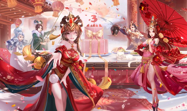 Anime picture 1600x956 with shin sangoku musou tagme (character) da qiao yueyue long hair looking at viewer short hair open mouth black hair red eyes brown hair wide image bare shoulders multiple girls brown eyes blue hair looking away ponytail traditional clothes japanese clothes