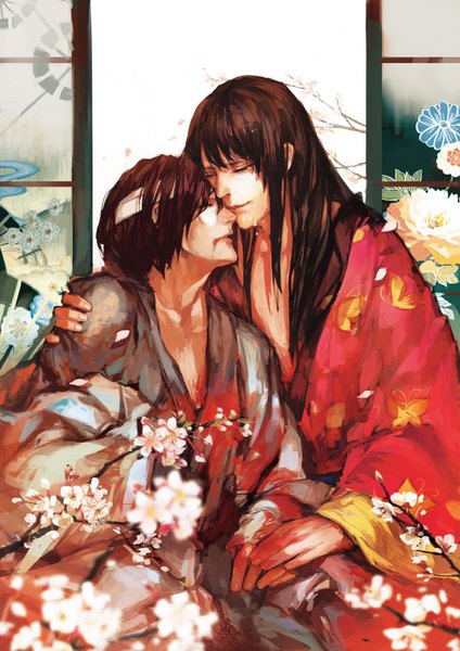 Anime picture 2480x3508 with gintama sunrise (studio) takasugi shinsuke katsura kotarou shouka long hair tall image fringe highres short hair brown hair eyes closed traditional clothes japanese clothes multiple boys couple hug tears cherry blossoms holding hands