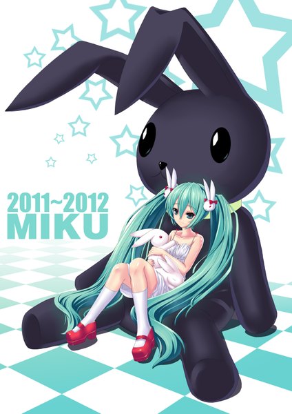 Anime picture 2480x3507 with vocaloid hatsune miku mizutsuki rei single tall image highres sitting twintails bare shoulders very long hair aqua eyes aqua hair 2012 2011 girl socks star (symbol) white socks sundress bunny