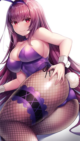 Anime picture 1756x3077 with fate (series) fate/grand order scathach (fate) (all) scathach (fate) scathach (piercing bunny) (fate) syow (syoutamho) single long hair tall image looking at viewer blush fringe highres breasts light erotic simple background smile hair between eyes red eyes large breasts