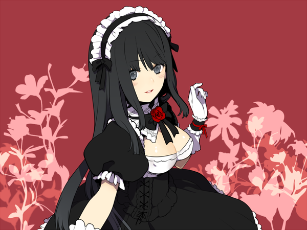 Anime picture 1000x750 with original kurono yuu single long hair blush fringe breasts light erotic black hair simple background large breasts looking away cleavage parted lips grey eyes erect nipples outstretched arm covered nipples red background lolita fashion