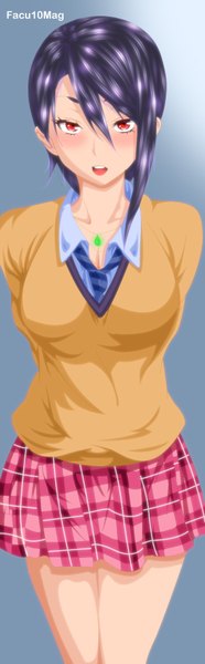 Anime picture 600x1926 with shokugeki no soma j.c. staff nakiri alice facu10mag single tall image looking at viewer blush short hair breasts red eyes purple hair hands behind back girl skirt sweater