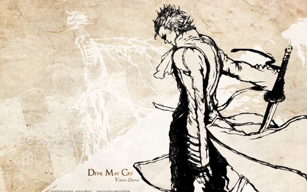 Anime picture 1680x1050 with devil may cry vergil chayamachi suguro daybreak single short hair wide image standing signed from behind looking down monochrome third-party edit boy weapon sword katana bandage (bandages)