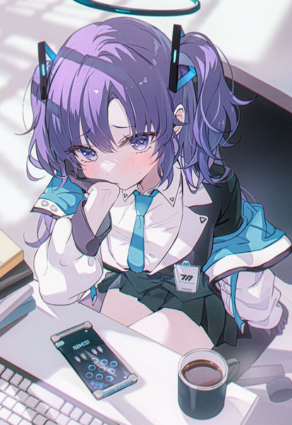 Anime picture 900x1306 with blue archive yuuka (blue archive) tokkyu single long hair tall image looking at viewer blush fringe blue eyes hair between eyes sitting purple hair indoors pleated skirt from above off shoulder open jacket two side up head rest
