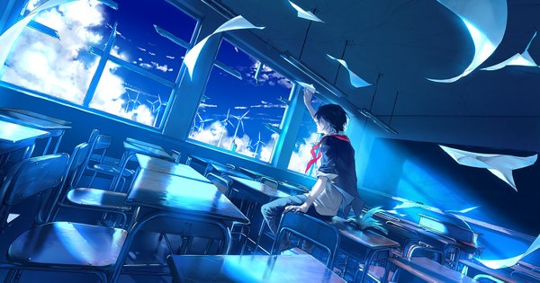 Anime-Bild 1500x789 mit knite sen (knite) yuumei single short hair black hair wide image sitting looking away sky cloud (clouds) wind boy uniform ribbon (ribbons) school uniform window book (books) paper blackboard