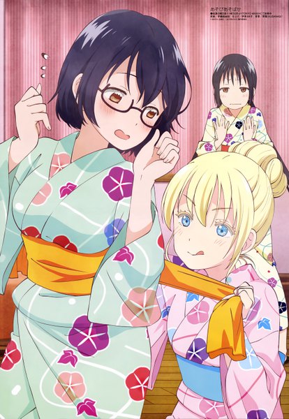 Anime picture 4094x5930 with asobi asobase megami magazine olivia (asobi asobase) honda hanako nomura kasumi itou mayuka tall image blush fringe highres short hair open mouth blue eyes black hair blonde hair hair between eyes twintails multiple girls brown eyes absurdres