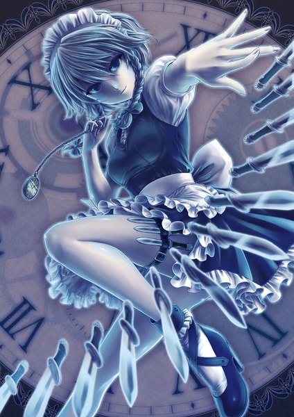 Anime picture 1061x1500 with touhou izayoi sakuya kageharu single tall image short hair blue eyes silver hair braid (braids) maid twin braids girl socks frills headdress maid headdress white socks clock knife pocket watch