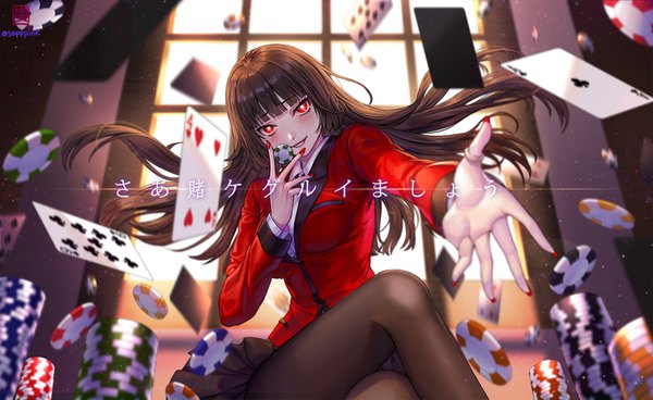 Anime picture 1000x614 with kakegurui jabami yumeko bbbox (hotpppink) single long hair looking at viewer blush fringe breasts black hair red eyes wide image sitting holding signed blunt bangs long sleeves nail polish parted lips head tilt