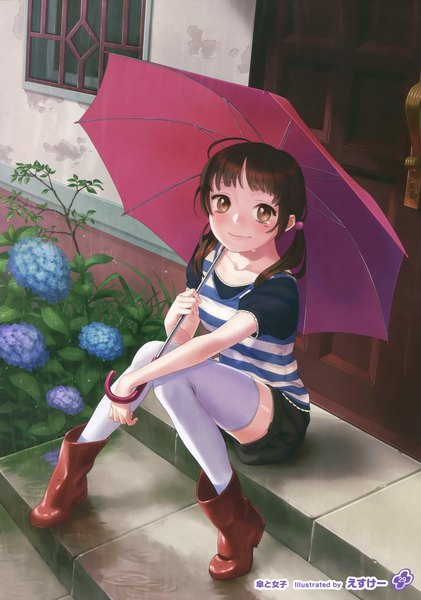 Anime picture 2527x3600 with girls, girls, girls! 11 (artbook) esukee single long hair tall image looking at viewer blush highres smile brown hair sitting brown eyes scan official art girl thighhighs flower (flowers) white thighhighs shorts umbrella