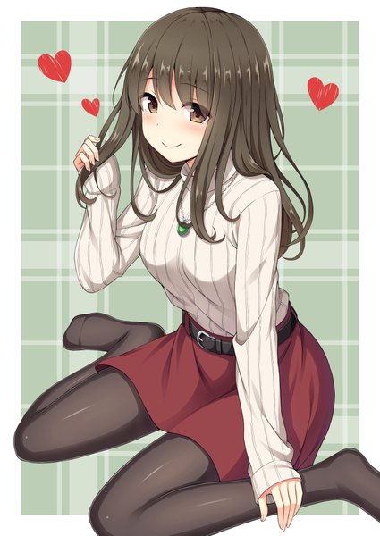Anime picture 752x1062 with original nakamura sumikage single long hair tall image looking at viewer blush fringe black hair smile hair between eyes sitting brown eyes full body bent knee (knees) no shoes border wariza sleeves past wrists holding hair