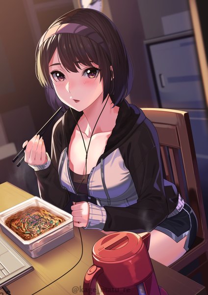 Anime picture 1736x2456 with original kagematsuri single tall image looking at viewer blush fringe highres short hair breasts open mouth brown hair sitting holding brown eyes signed cleavage indoors long sleeves twitter username