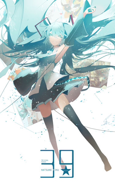 Anime picture 1565x2495 with vocaloid hatsune miku saihate (d3) single tall image fringe blue eyes simple background smile hair between eyes standing white background twintails yellow eyes blue hair full body ahoge long sleeves very long hair pleated skirt