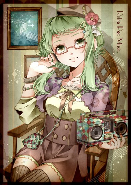Anime picture 1000x1414 with vocaloid gumi nou single tall image looking at viewer short hair sitting green eyes green hair girl thighhighs hair ornament black thighhighs hat glasses hairclip bag