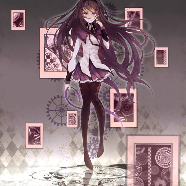 Anime picture 1771x1771 with mahou shoujo madoka magica shaft (studio) akemi homura hana's (sora no kioku) single long hair highres purple eyes purple hair tears crying girl dress ribbon (ribbons) pantyhose gears