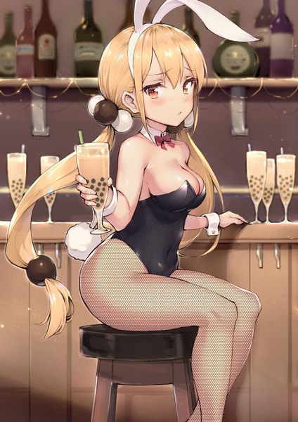 Anime picture 778x1100 with shokuyou-kei shoujo madoka (shokuyou-kei shoujo) haoni single long hair tall image blush fringe breasts light erotic blonde hair hair between eyes sitting twintails holding brown eyes animal ears cleavage indoors tail