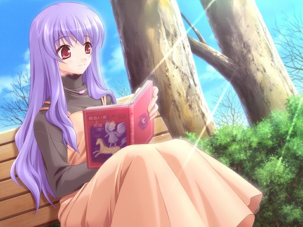 Anime picture 1024x768 with komorebi no namikimichi yuuki mitsuru red eyes game cg purple hair girl