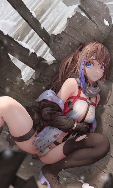 Anime picture 1502x2486 with girls frontline st ar-15 (girls frontline) jay xu single long hair tall image fringe breasts blue eyes light erotic brown hair bare shoulders signed looking away outdoors parted lips multicolored hair off shoulder open jacket two-tone hair