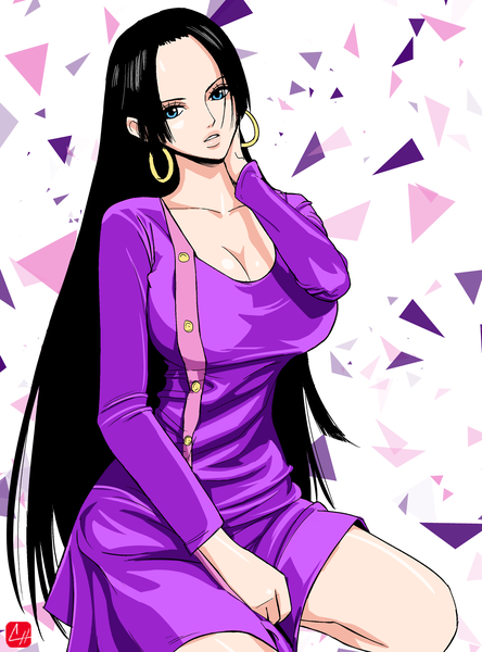 Anime picture 1280x1726 with one piece toei animation boa hancock chris re5 single long hair tall image looking at viewer breasts blue eyes black hair white background sitting signed cleavage parted lips lips girl dress earrings
