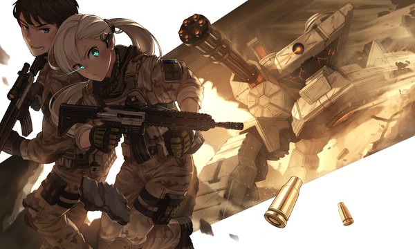Anime picture 1488x893 with original carv long hair short hair open mouth blue eyes blonde hair brown hair wide image white background holding looking away teeth glowing low ponytail glowing eye (eyes) serious twisty sleeves military dirty